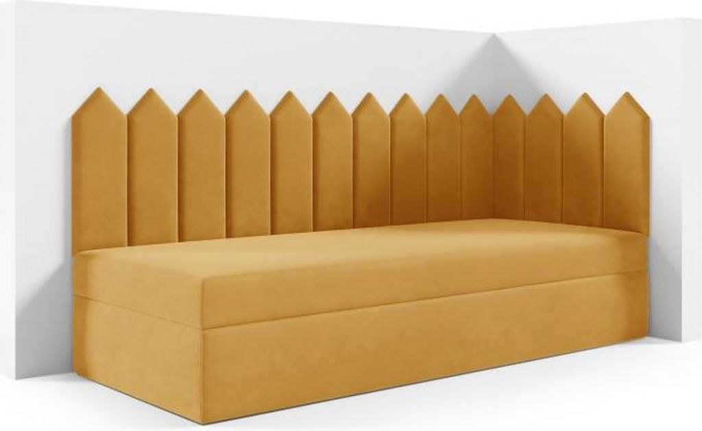 LIKMA Kinderbett 70x200 cm Senf Bett mit Bettkasten Jugendbett Polsterbett Kopfteil Velvet Stoff