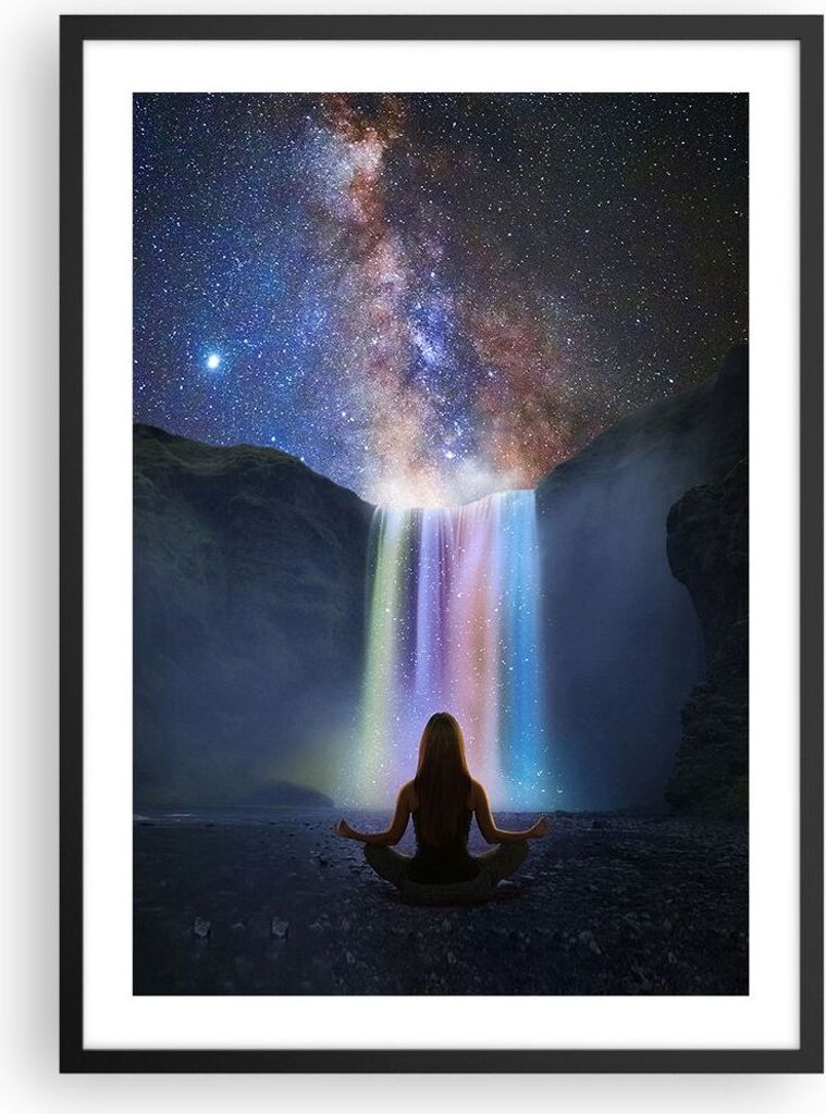 Gerahmtes Poster - Schwarzer Rahmen - Wasserfall die Sterne Meditation - 50x70 cm - Wand Bild - Wanddeko - Wandbilder - Kunstposter - Wandposter - ...