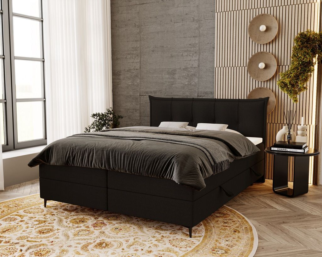 Boxspringbett mit Bonell-Matratze 200x200 Liron - Doppelbett, Bettkasten, Topper, Designer-Bett, Bouclé-Stoff (Schwarz - Anthology 19)