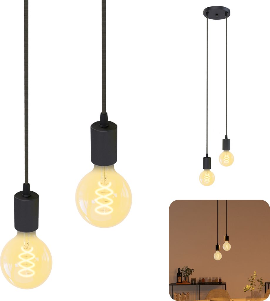 SSC-LUXon PARU Pendelleuchte Vintage 2-flammig schwarz - Design Hängelampe mit Textilkabeln inkl. 2x E27 LED Lampen extra warmweiß
