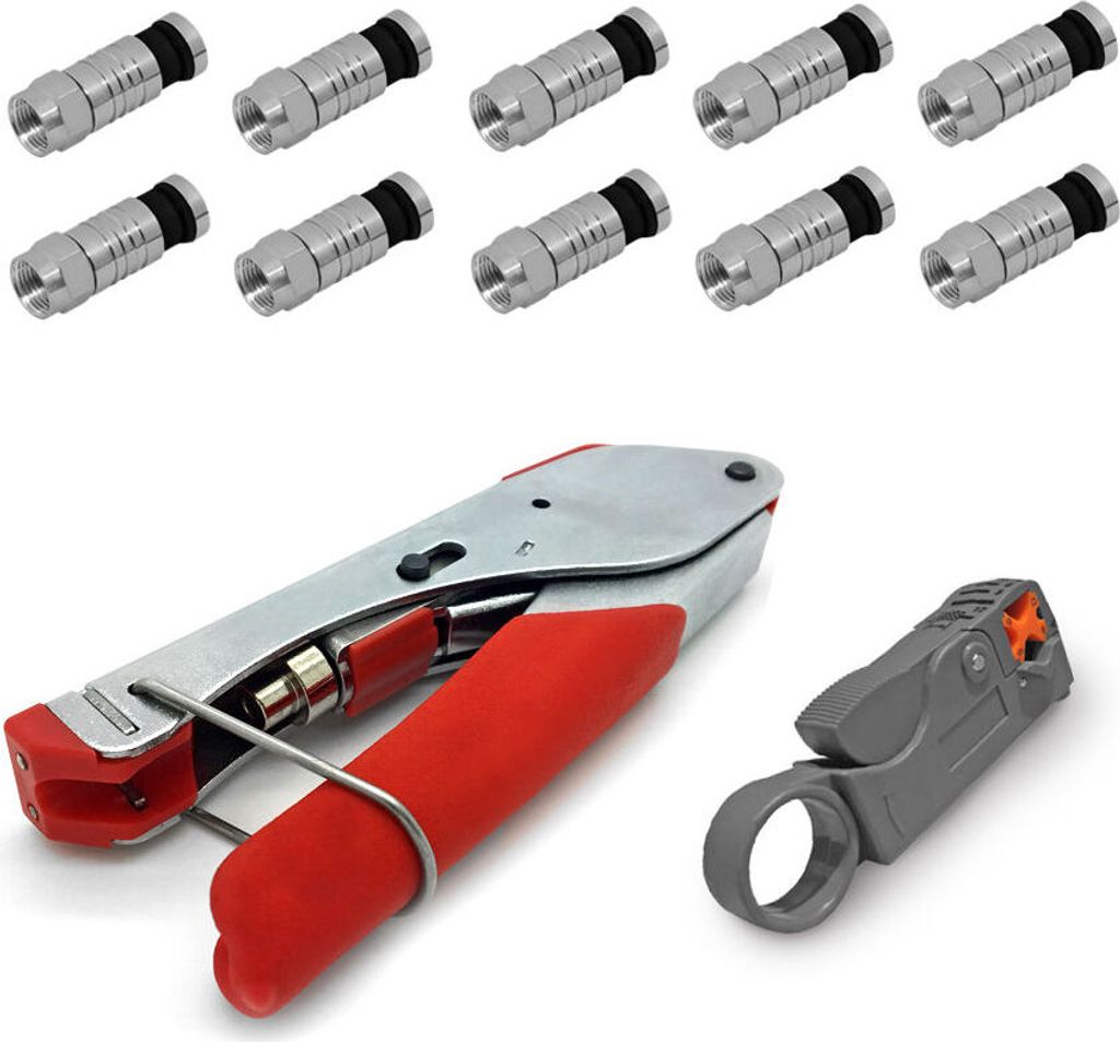 ARLI Kompressionszange + Abisolierer + 10x F-Kompressionsstecker 7 – 7,5 mm – Crimpzange Set für SAT & Koaxkabel