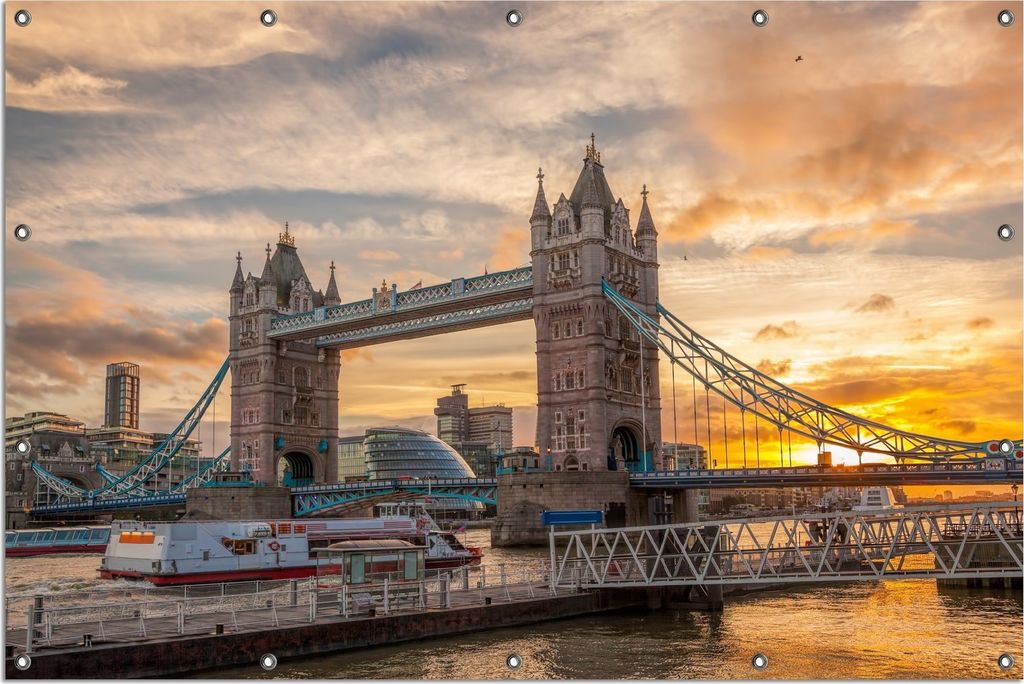 Wallario Outdoor-Poster für Garten oder Balkon, Motiv Tower Bridge - London bei Sonnenuntergang, in ca. 120 x 180 cm
