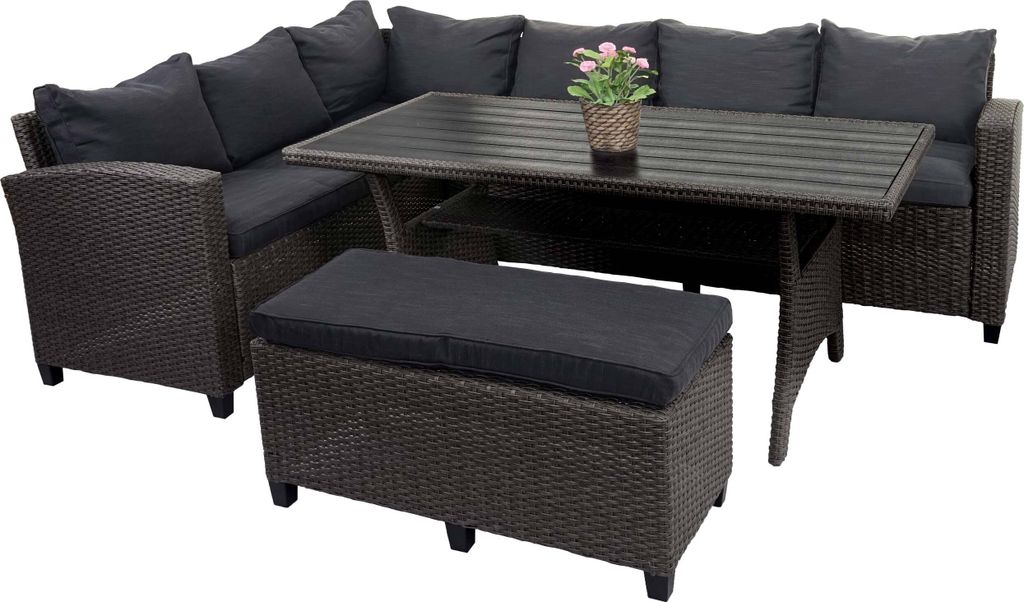 Poly Rattan Garnitur HWC-E96, Garten-/Lounge-Set Sitzgruppe, Spun Poly halbrundes Rattan anthrazit, Kissen anthrazit