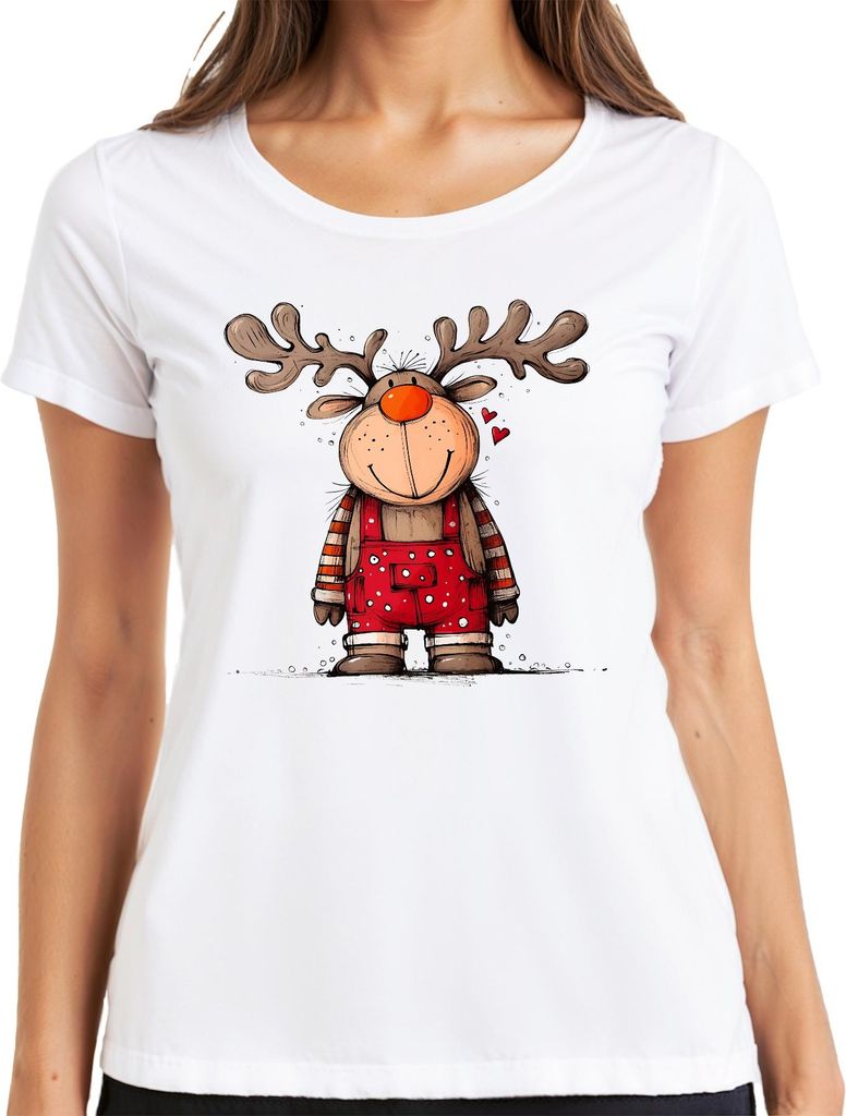 Niedliches Rentier Weihnachten Rot Latzhose Herzen Kinder Retro Damen T-Shirt, Weiß, S