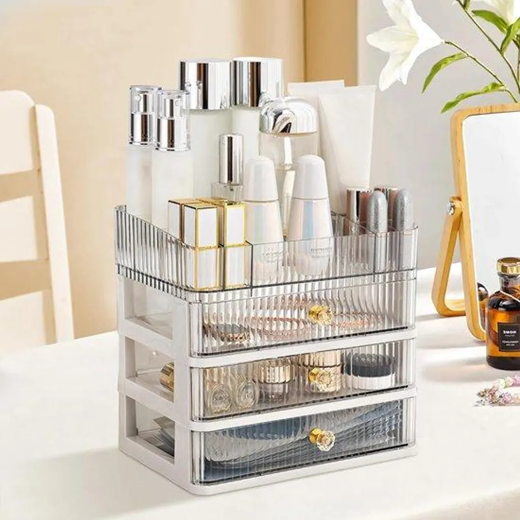 Rangement cosmétique grand format avec organiseur maquillage ouvert