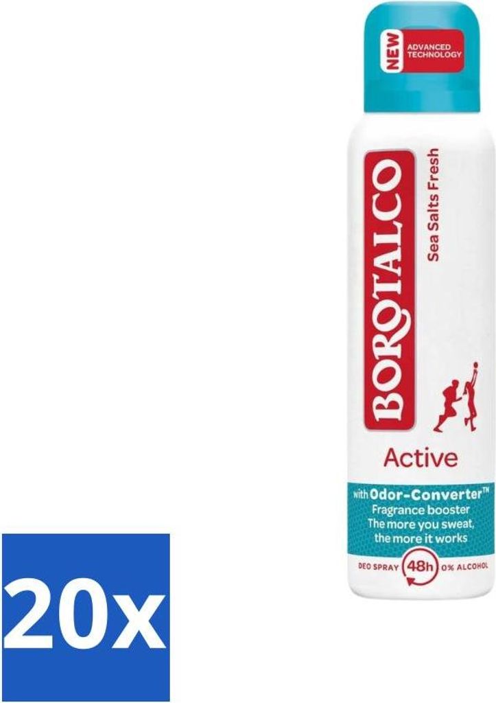 Borotalco – Deodorant-Spray – Active – Sea Salts Fresh – 0 % Alkohol – 150 ml - Vorteilspack - 20 Stücke