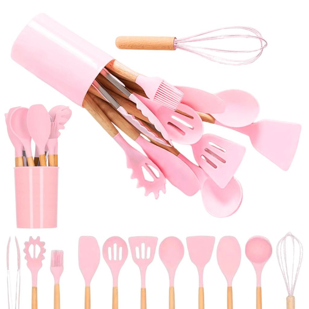 Set utensili cucina 12 pezzi silicone bambù rosa mestoli Immagine del prodotto 