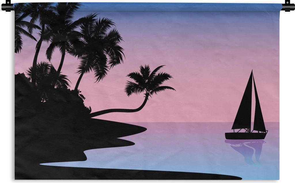 MuchoWow Wandteppich Wandbehang Strand - Boot - Palme - Schatten 150x100 cm Tapisserie Dekoration Wandtuch - Waschbar - Tapisserien - Wand-Decke