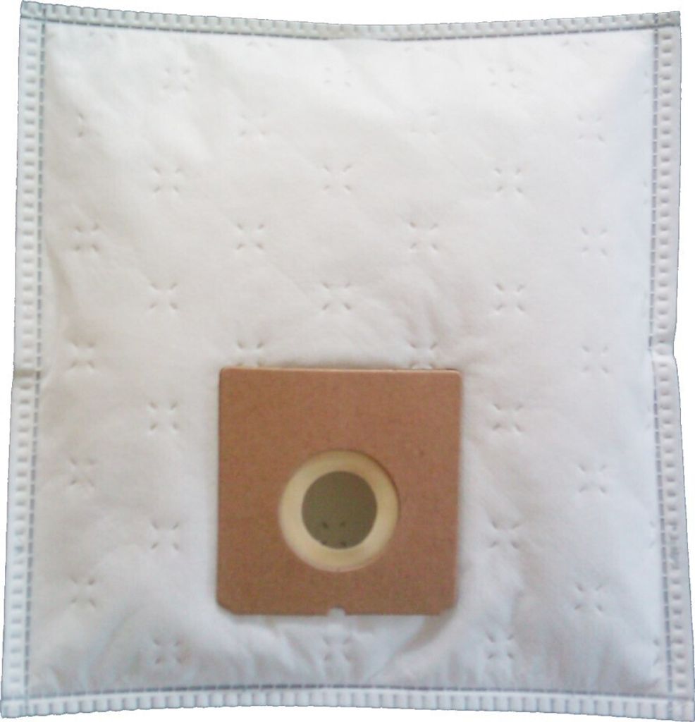 A white vacuum cleaner bag with a brown cardboard insert and a circular opening.