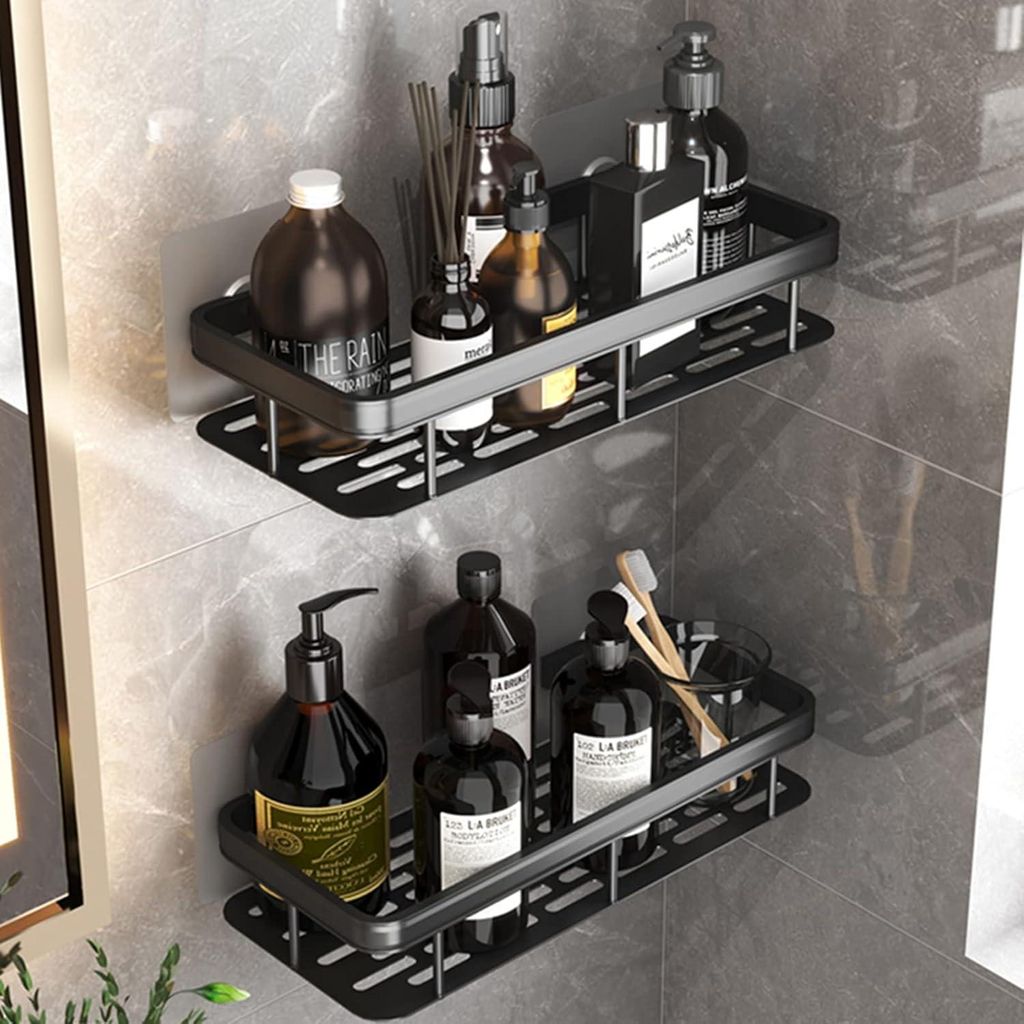 Duschablage ohne Bohren - Modernes Badezimmerregal - 2 Stück - Schwarz - Aluminium
