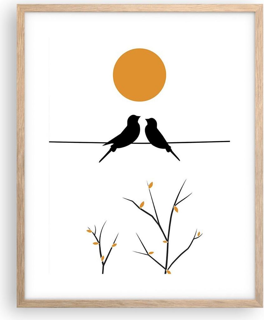 Gerahmtes Poster - Rahmen in heller Eiche - Bild Vögel Sonne - 40x50 cm - Wand Bild - Wanddeko - Wandbilder - Kunstposter - Wandposter - Bilderrah...