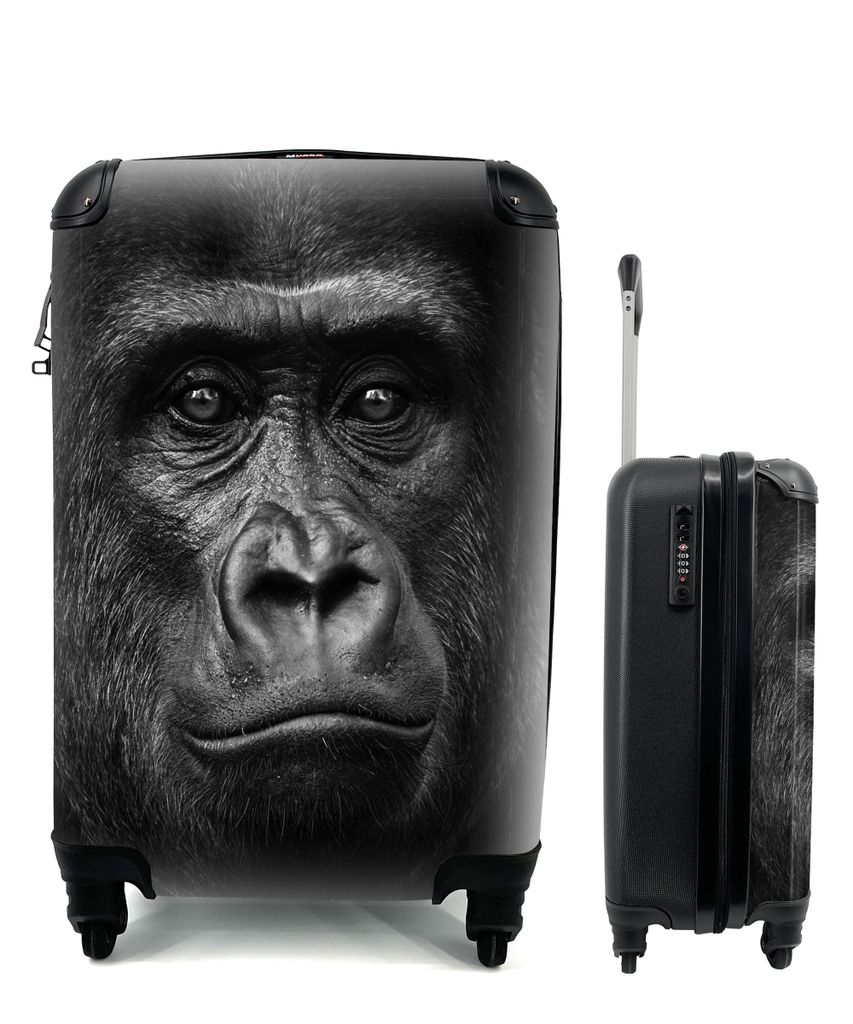 MuchoWow Koffer Handgepäck Trolley Rollkoffer Kleine Reisekoffer mit 4 Rollen - Gorilla - Schwarz - Weiß - Tiere - Porträt - Cabin Size < 55x4...