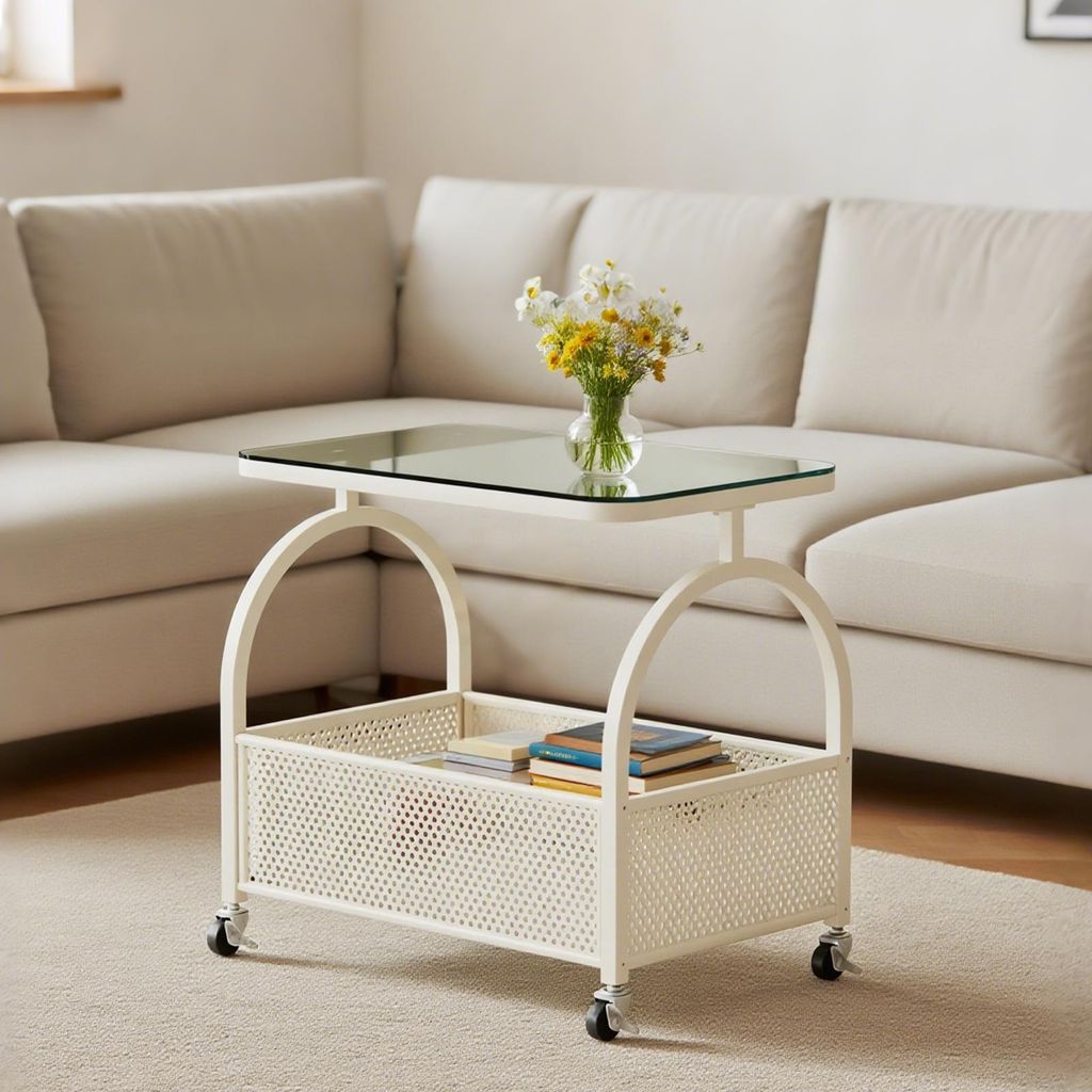 Couchtisch Beistelltisch Nachttisch, Sicherheitsglasplatte + Metallrahmen 56.5cm auf 360° Rollen, für Wohnzimmer/Schlafzimmer/Freizeitbereich, Weiß