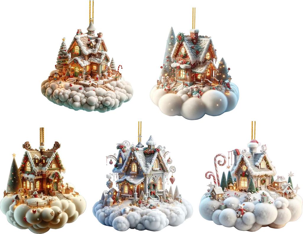 Weihnachtshaus-Anhänger, Acryl, 2D, flaches Hängeornament, Mini-Cartoon-Weihnachtshaus-Dekoration für Baum, Kaminsims, Auto