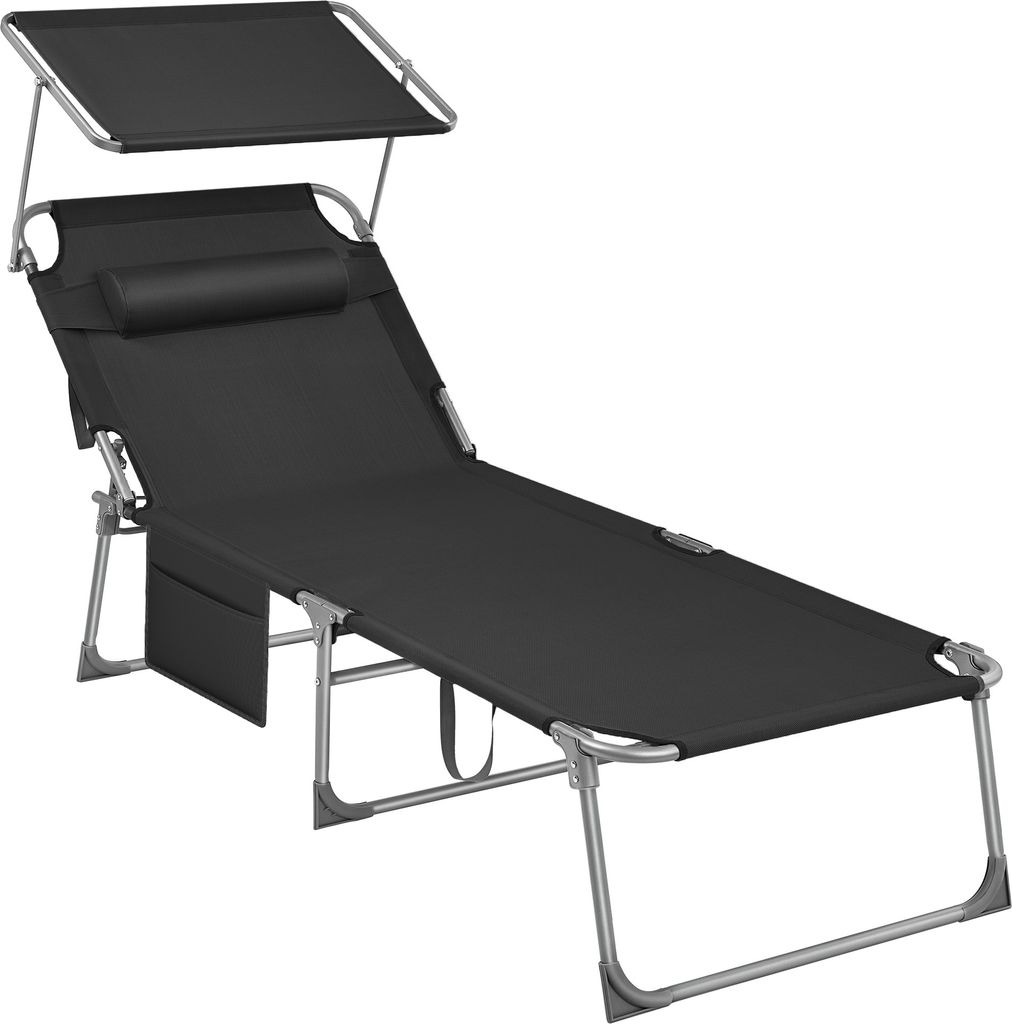 A black foldable lounge chair with a sunshade and a side pocket, shown against a white background.