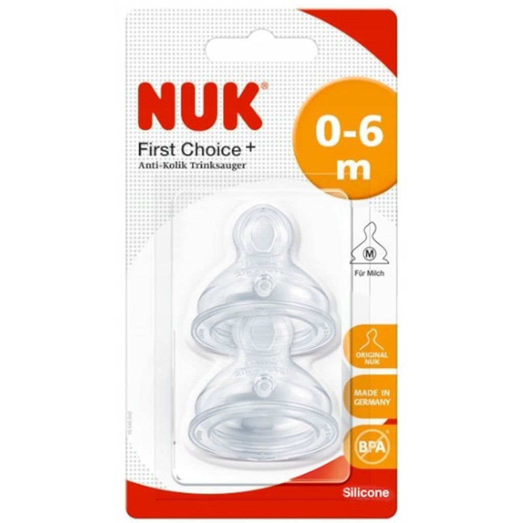 A product package for NUK baby bottle nipples.
