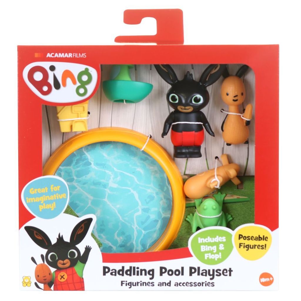 A toy playset featuring characters from the Bing show, including a paddling pool and figures.