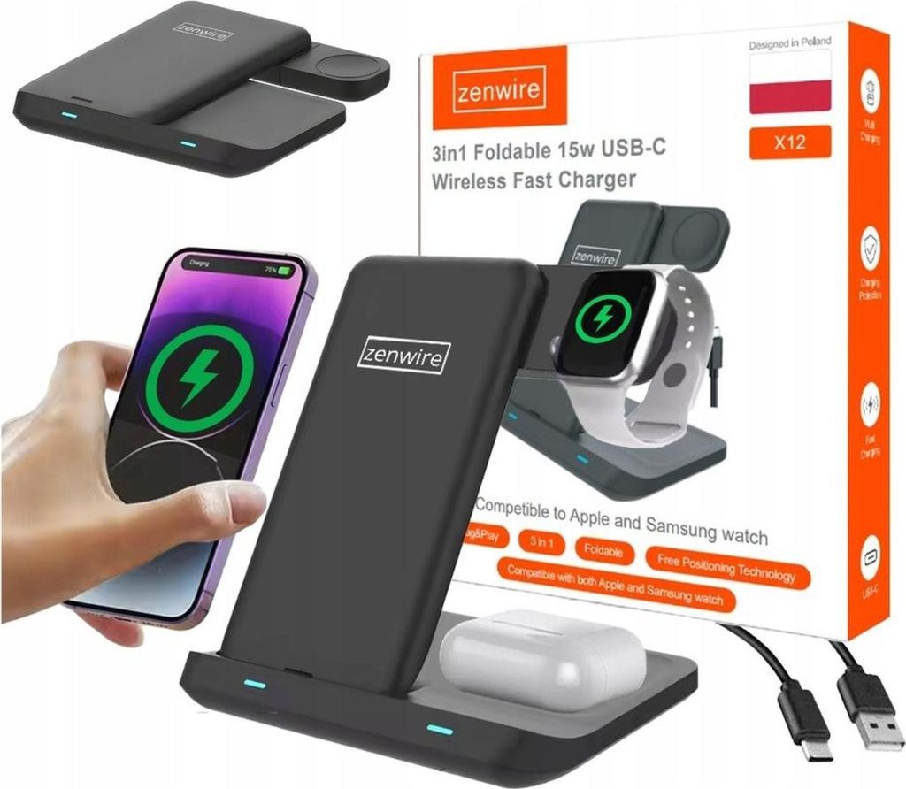 Caricabatterie wireless - 3-in-1 - USB-C - Caricabatterie a Immagine del prodotto 