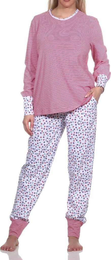 Normann Damen Schlafanzug Langarm mit Bündchen, Oberteil gestreift, Hose floral bedruckt ; rot , 44