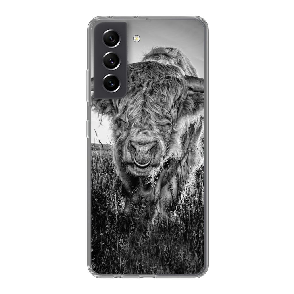 MuchoWow Handyhülle Schutzhülle Hülle für Samsung Galaxy S21 FE Schottischer Highlander - Schwarz und Weiß Silikon Softcase Handy Hülle - M...