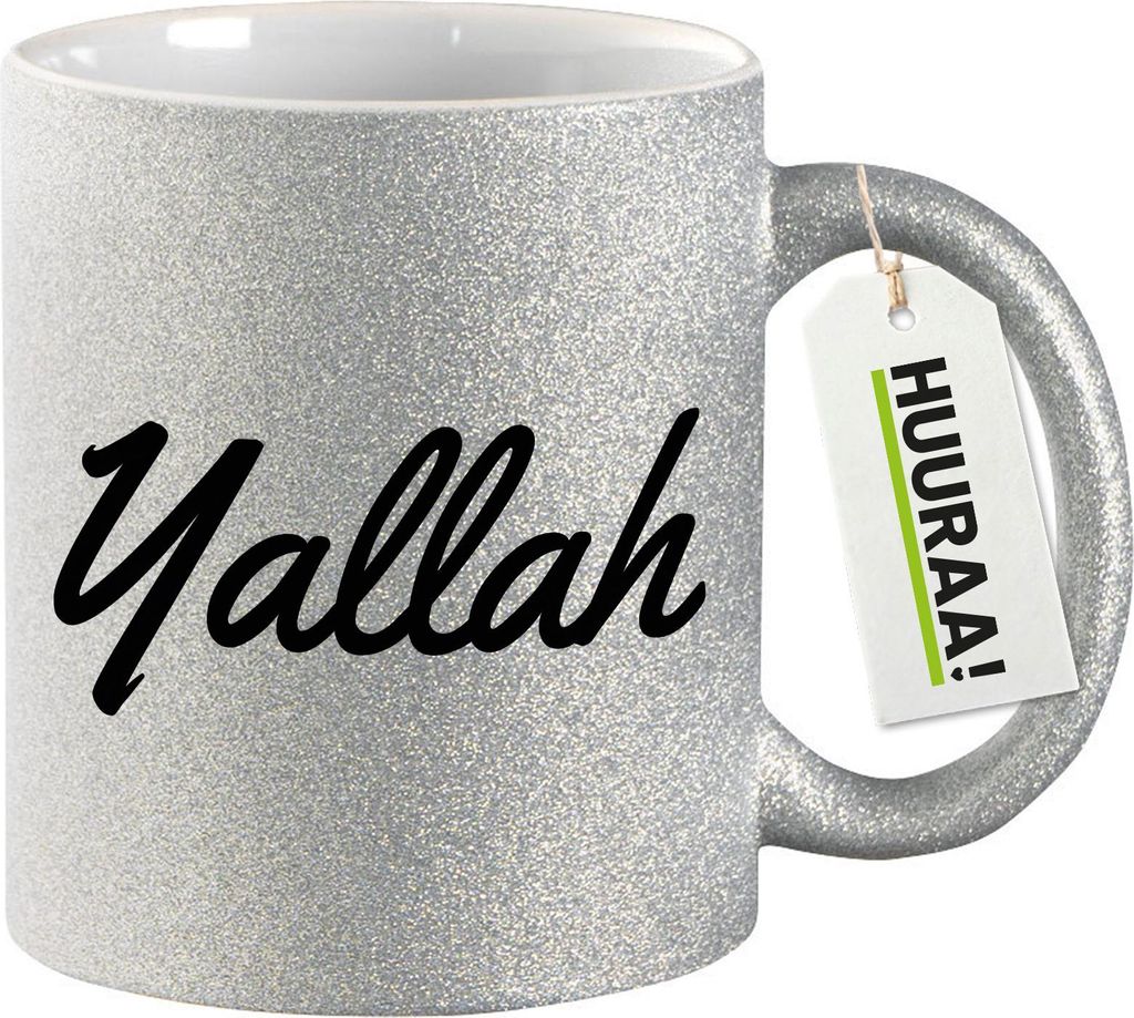 Huuraa Glitzertasse Yallah arabisch Schriftzug 330ml Silber Keramik Kaffeebecher Geschenkidee
