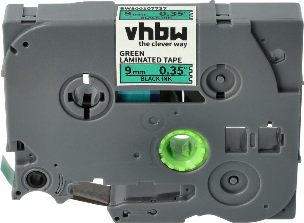 vhbw Schriftband-Kassette kompatibel mit Brother PT D600, D600VP, D450, D450VP, H100LB, E100, E100VP Etiketten-Drucker 8m x 9mm Schwarz auf Grün