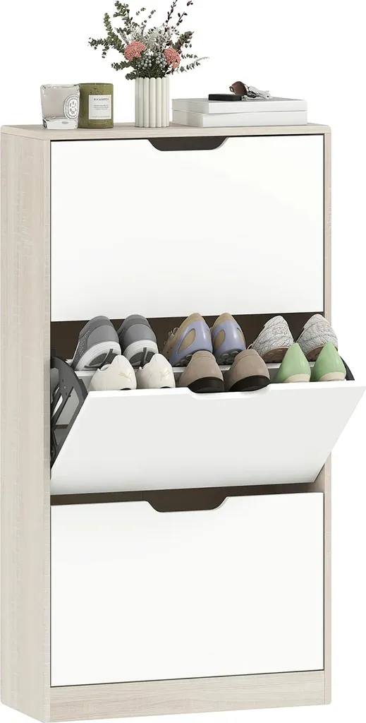 Étagère à chaussures design bois et blanc 3 compartiments de rangement