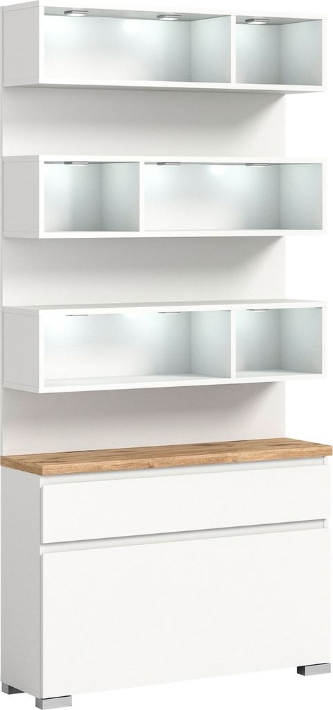 Schuhschrank - Weiß - Nox Eiche Nachbildung - B 95 cm - eine Klappe - eine Schublade - mit LED-Beleuchtung