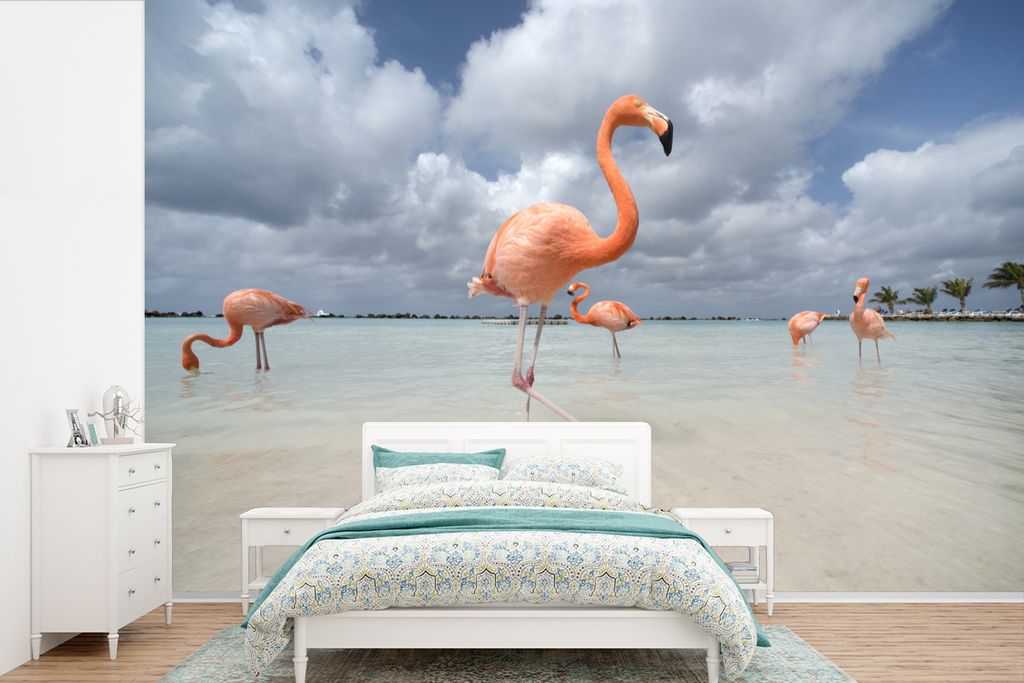 MuchoWow Fototapete für Wohnzimmer oder Schlafzimmer Wandtapete Vinyl Motivtapete Flamingos auf einer Insel in Aruba - 420x280 cm - Zimmer für ...