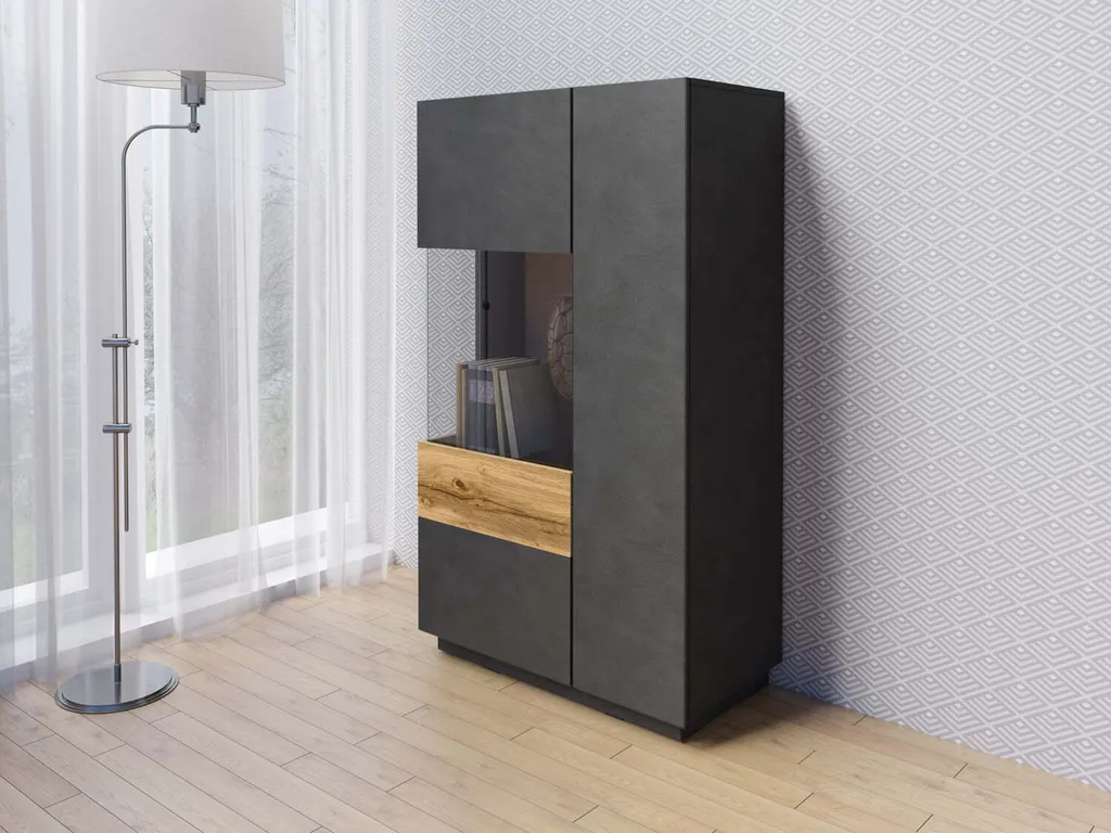 Commode vitrée SHADI gauche en chêne wotan et gris, style robuste