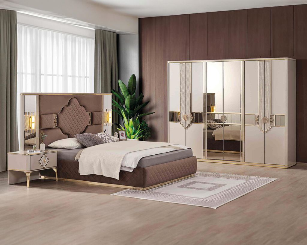 Braun-Beige Exklusive Schlafzimmer Garnitur Doppelbett 2x Nachttische