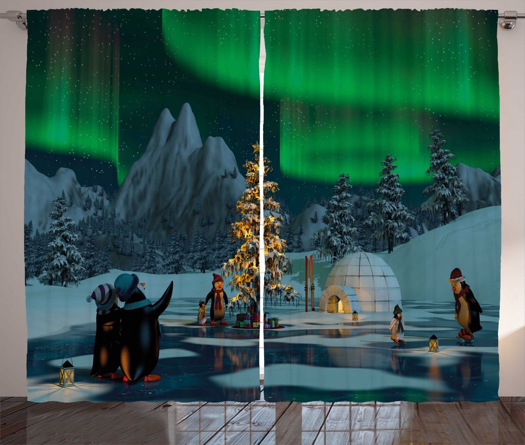 ABAKUHAUS Natur Rustikaler Gardine, Pinguine auf See, Schlafzimmer Kräuselband Vorhang mit Schlaufen und Haken, 280 x 175 cm, Lindgrün Grau