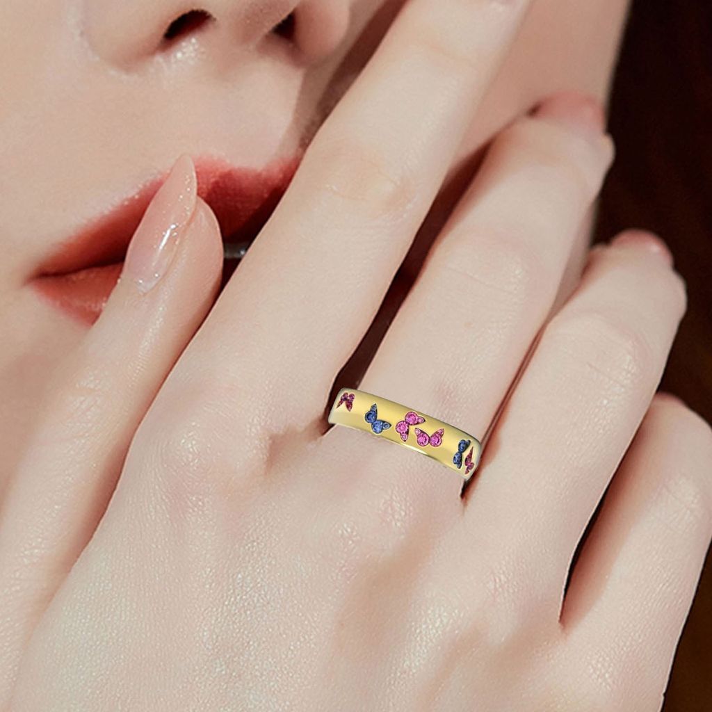 Glänzender Damenring mit Schmetterlingsmuster, Edelstahl, exquisiter gemischter Damen-Fingerring für Hochzeit-Golden,US 7