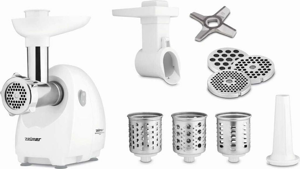 A white Zelmer meat grinder with various attachments is displayed against a white background.