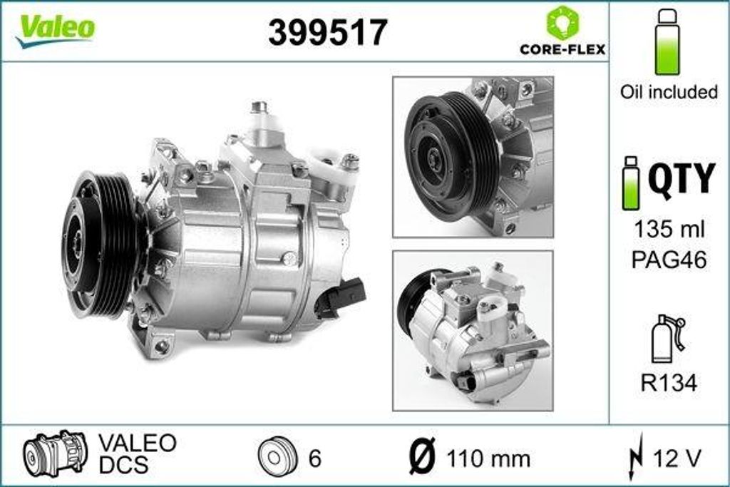 VALEO 399517 DCS Klimaanlage Klimakompressor PAG 46 R134a für VW Golf V Schrägheck (1K1) Golf VII Schrägheck (5G1, BQ1, BE1, BE2) GOLF VI (5K1)