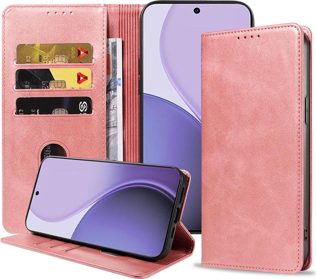 Geeignet für Oppo Reno 14 F Handytasche Kunstleder mit Magnetverschluss und Kartenhalter Bookcase mit Klappe - Wallet Case mit Kartenfach - Pink G...