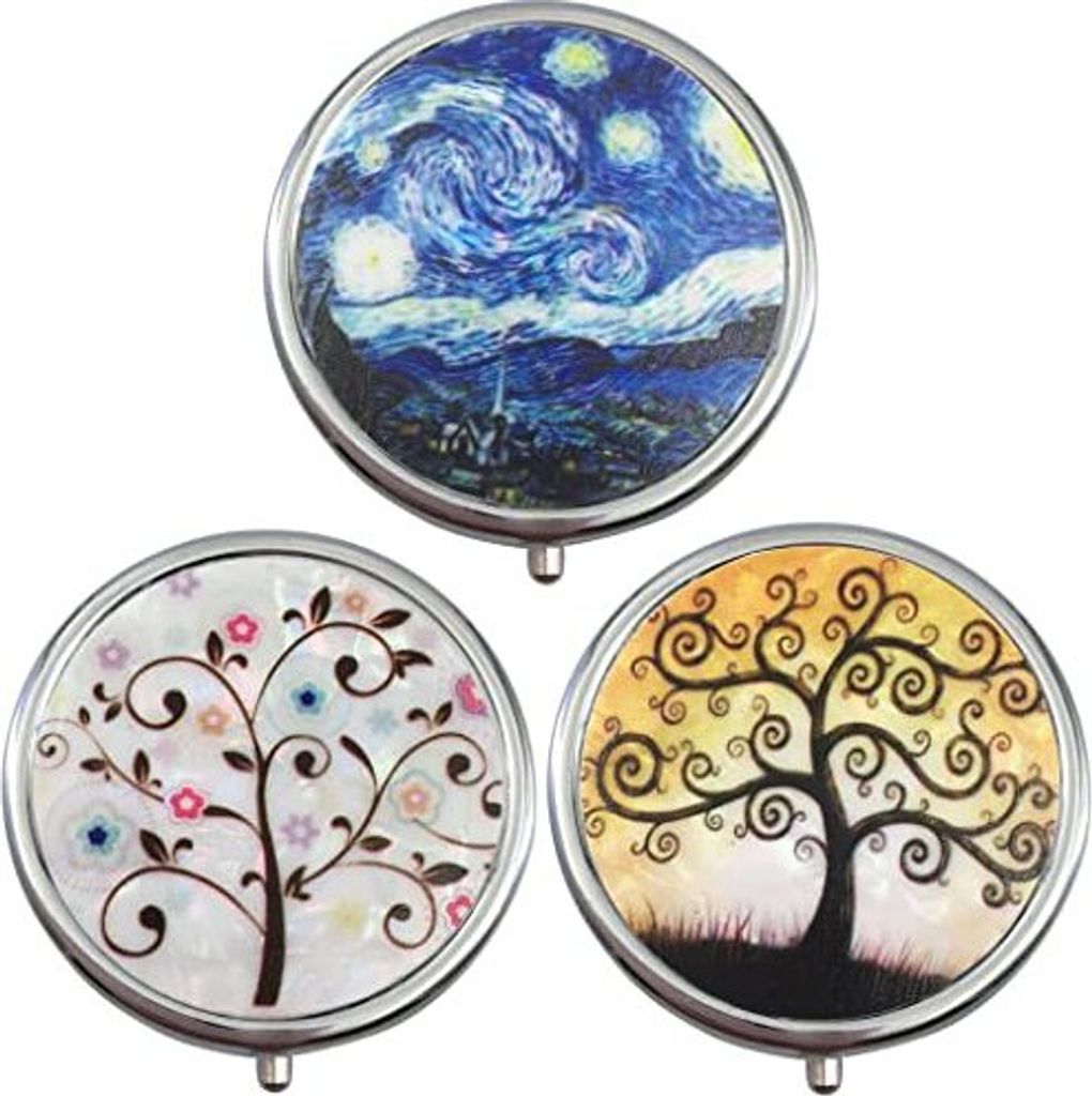 Retro -Pill -Box Made Metall, Rundkasten, 3 Fächer Spiegelkoffer klein auf Go Vitamins Medizin Tablet Organizer Täglich