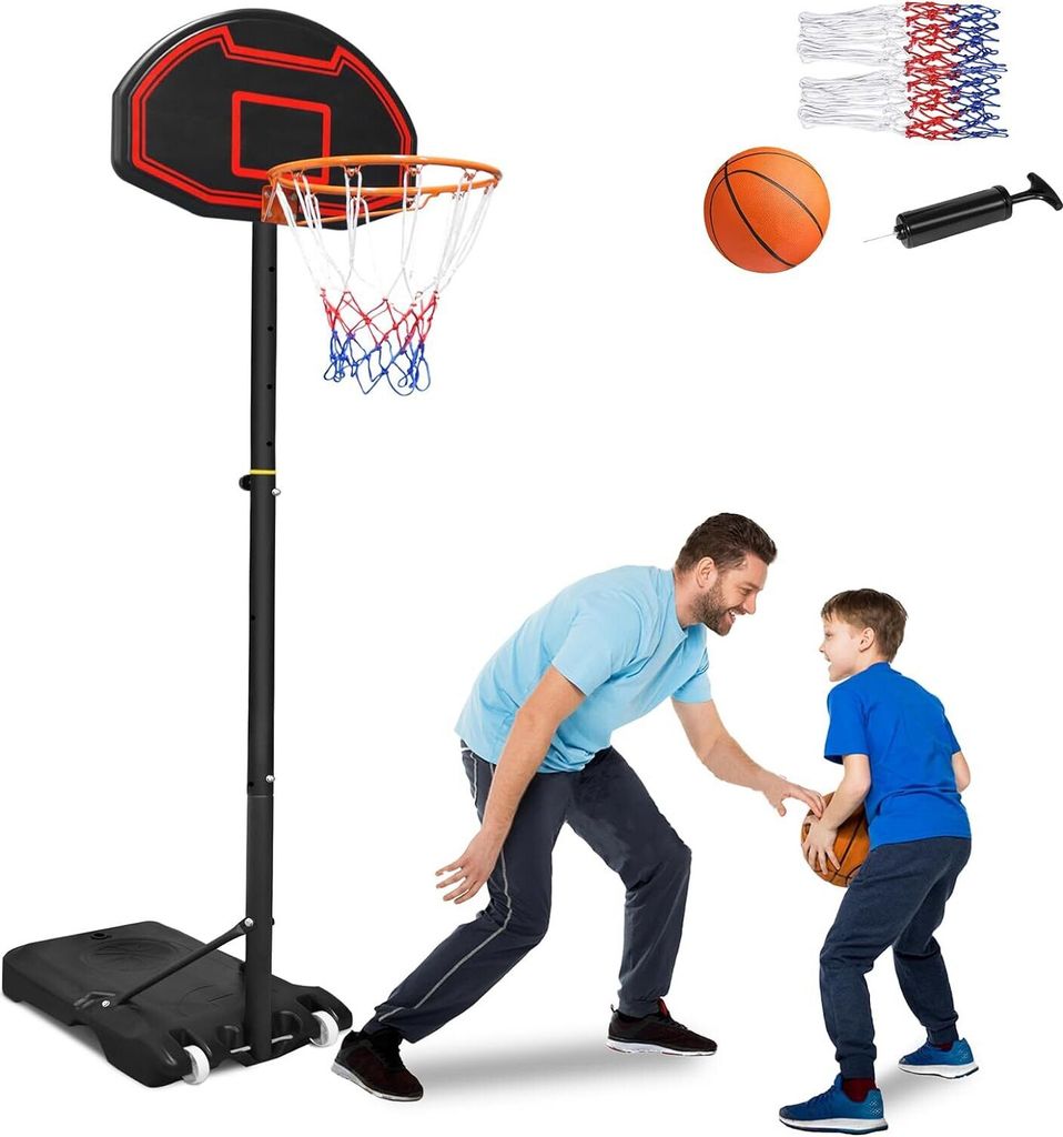 TRMLBE Basketballkorb Outdoor Indoor 1,6-2,1m Basketball Korb mit Rollen Tragbar, Höhenverstellbar Basketballständ Wasser/Sand befüllbar inkl. Basketballnetze/Aufblasbare Pumpen/Basketball