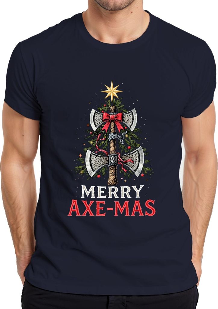 Merry Axe-mas Wikinger Axt Weihnachtsbaum Schleife Geschenk Herren T-Shirt, Navy, XL