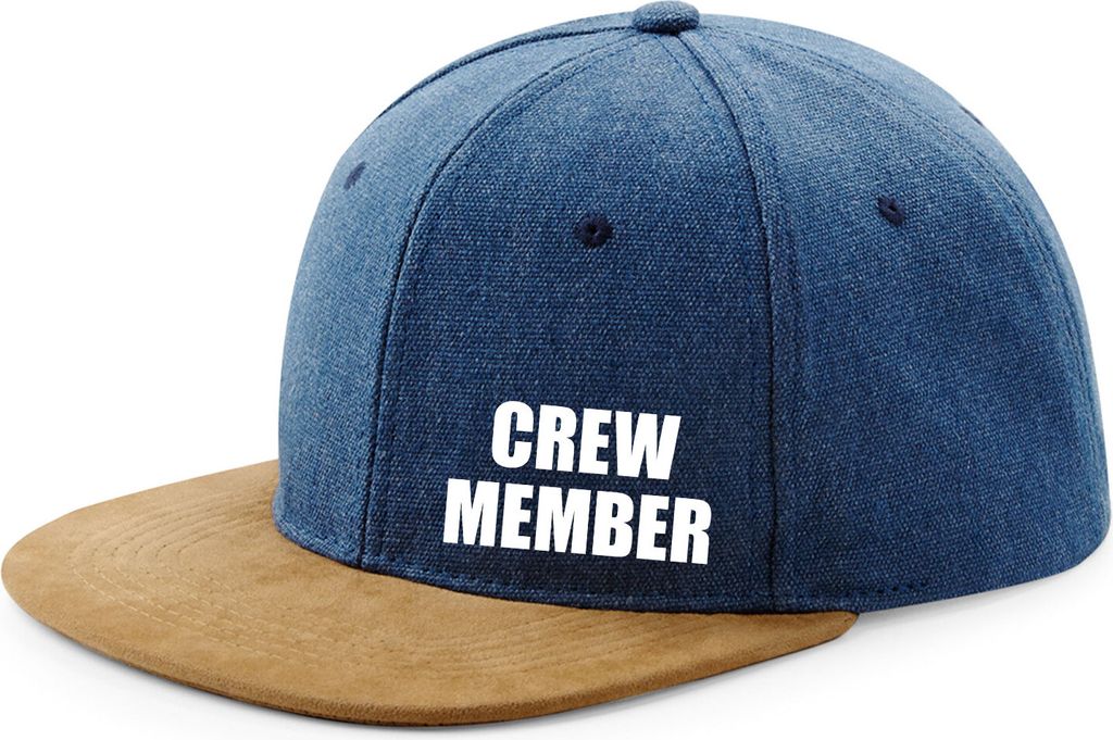 Huuraa Cappy Mütze Crew Member Schriftzug Denim Baumwolle und Polyester Snapback Kappe Geschenkidee
