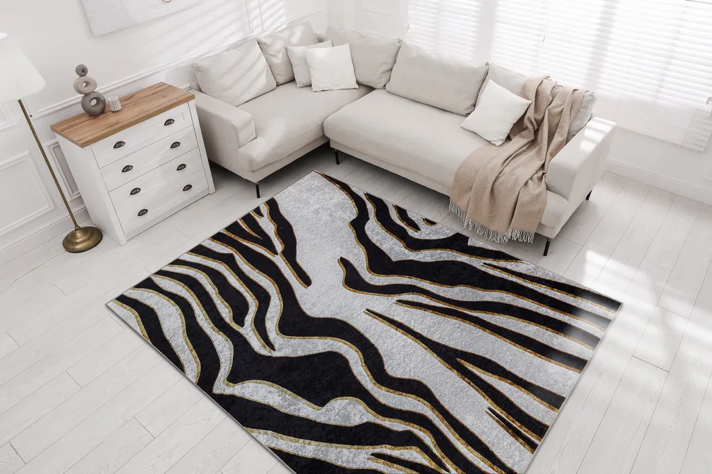 Tapis de salon lavable grand format motif zèbre beige et noir MIRO