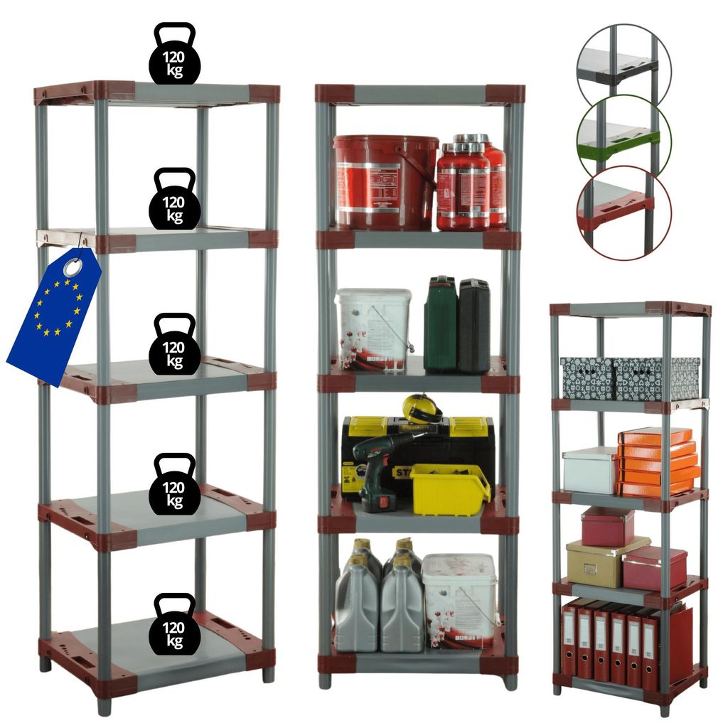 MODO24 Kunststoffregal, 5 Ablagen, 120kg/Boden, Schwerlast, Steckregal, Lagerregal, Plastikregal, Werkstatt, 180x50x46?cm, Rot, JUPITER