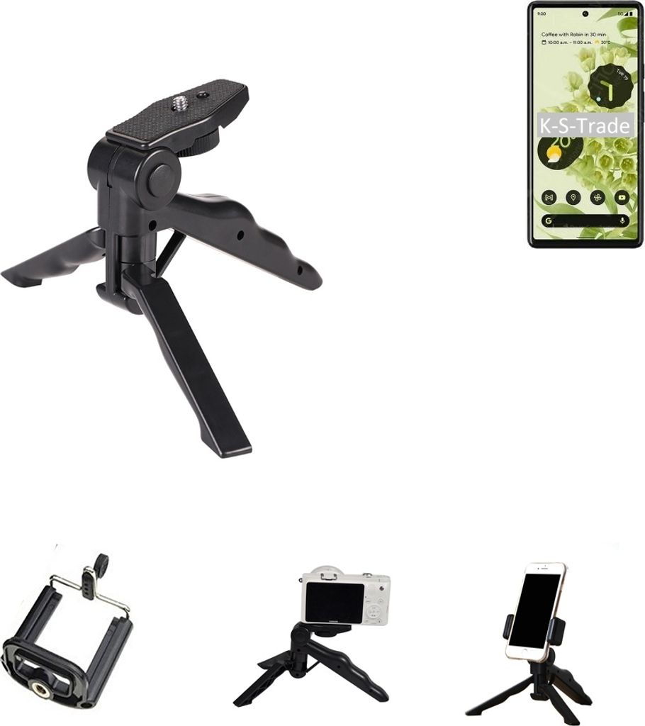 K-S-Trade Stativ Tisch-Ständer Dreibein Handy-Stativ Ständer kompatibel mit Google Pixel 6 Mini-Stativ Smartphone Tripod Handy-Stativ aus Plastik