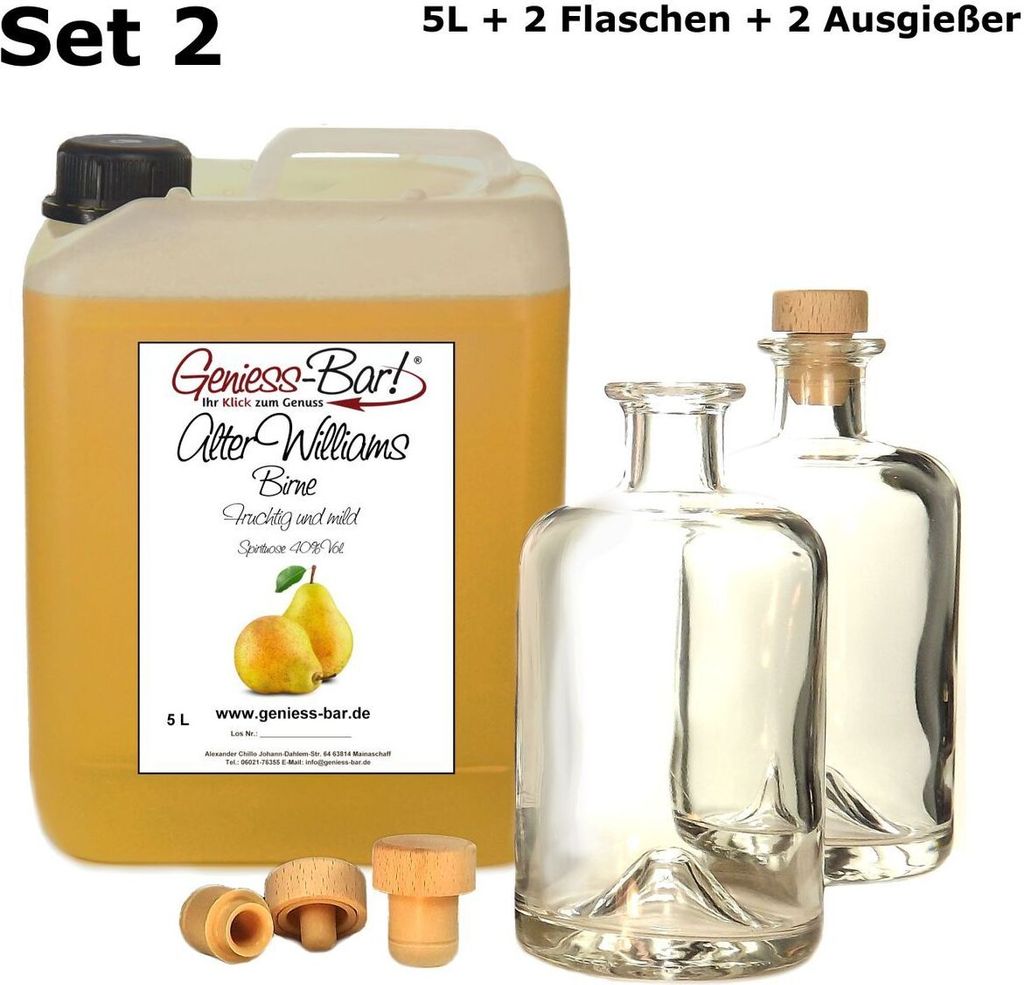 Alter Williams Christ Birne 5L & 2 Flaschen & 2 Ausgießer 40% Vol. Birnenschnaps Birnen Spirituose