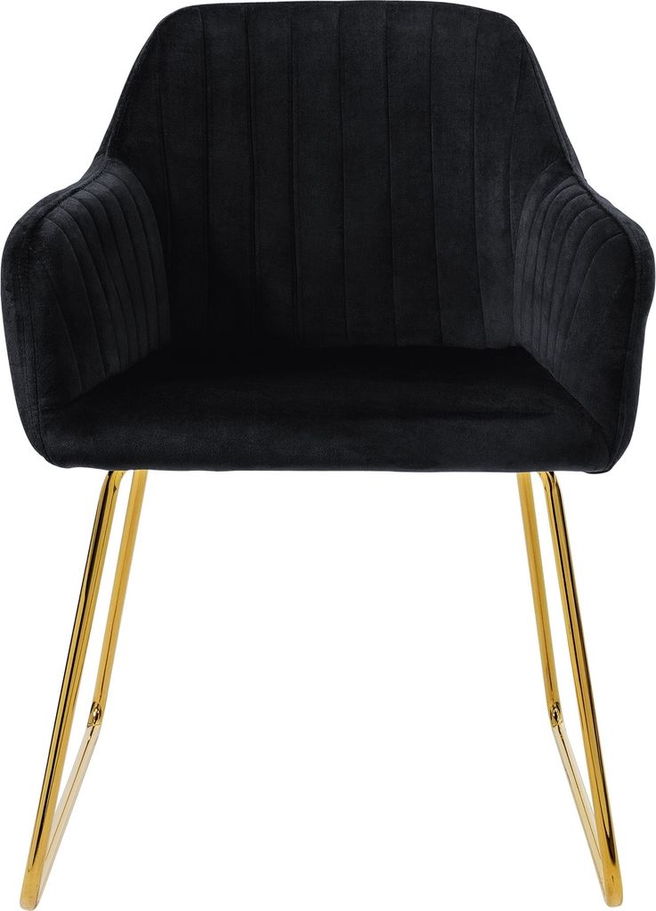 A black velvet dining chair with gold legs is shown against a white background.