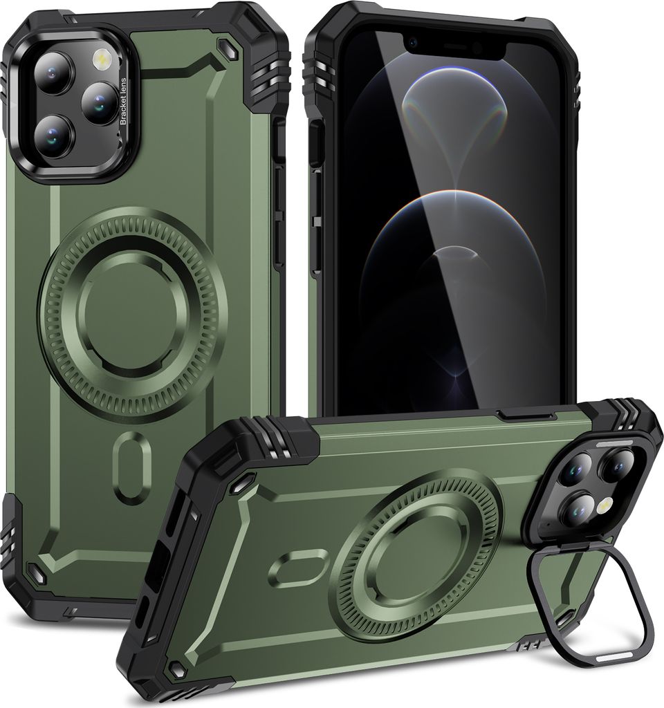 Magnetisch Hülle für iPhone 12 Pro Max, Heavy Duty Militärischer Stoßfest Handyhülle Kamera-Ringständer Grün