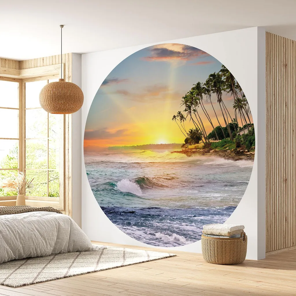 Rénover un mur vide : Papier peint rond Mer couché de soleil Lavable