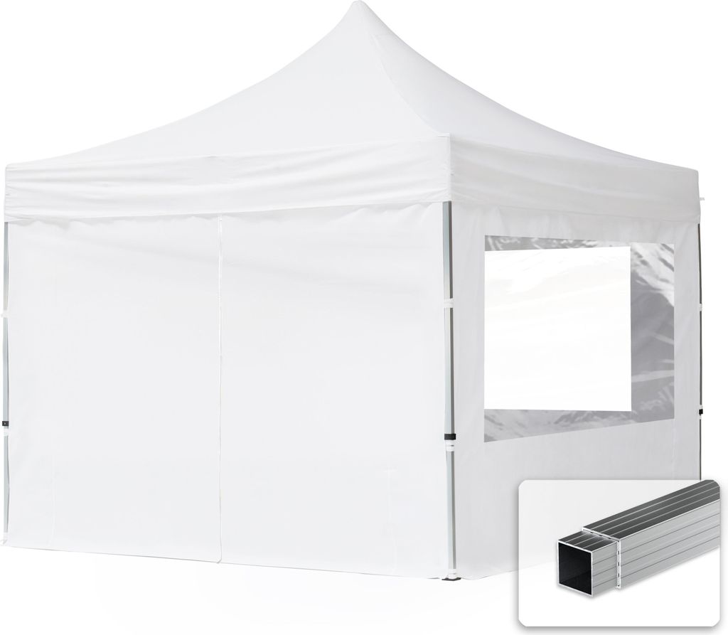 A white pop-up tent with windows and a sample of its aluminum frame.