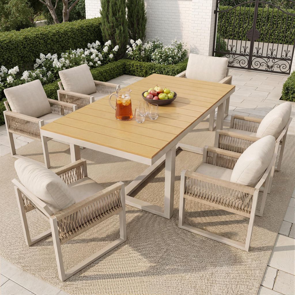 Merax 7-tlg. Garten-Essgruppe 1 Tisch + 6 Stühle, Outdoor-Esstisch-Set mit Seilgeflecht und Kissen, Gartenlounge Wetterfest & Modern, Beige