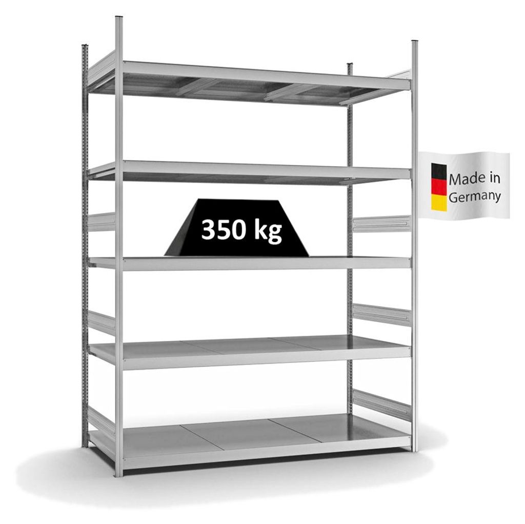 PROREGAL Weitspannregal Stecksystem MAGNUS Germany | HxBxT 300x225x80cm | 5 Ebenen | Stahlplatten-Fachboden | Fachlast 350kg | Verzinkt